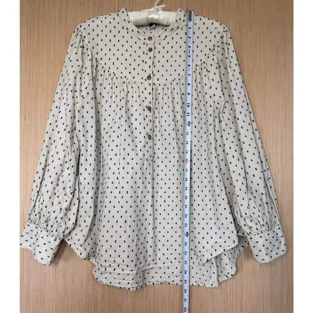 Old Navy Puff Sleeve Black Clip Dot Henley Blouse Size XXL Cream 100% Cotton